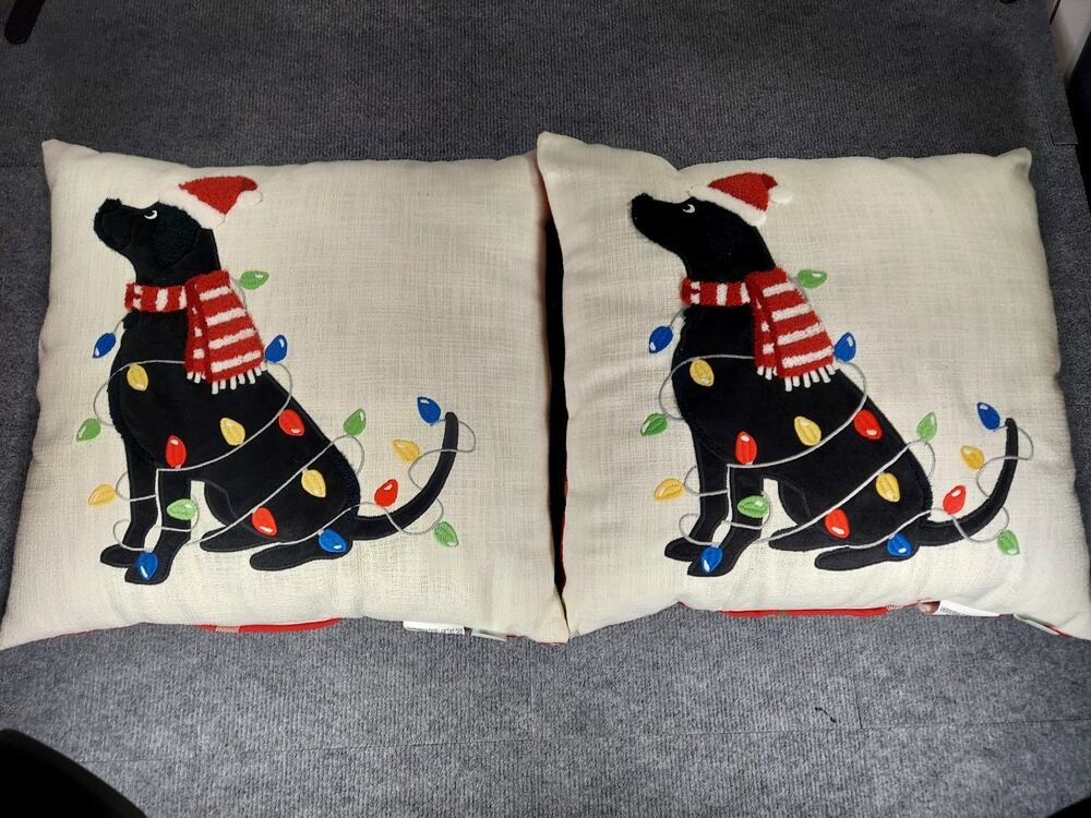 18 X 18 Black Labrador Christmas Throw Pillows Santa Hat Red Plaid Lights Set -2